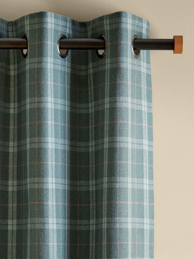 Green Brushed Check Lined Eyelet Curtains - Image 1 of 5