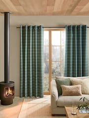 Green Brushed Check Lined Eyelet Curtains - Image 2 of 5