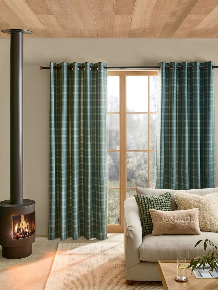 Green Brushed Check Lined Eyelet Curtains - Image 2 of 5