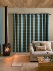 Green Brushed Check Lined Eyelet Curtains - Image 3 of 5