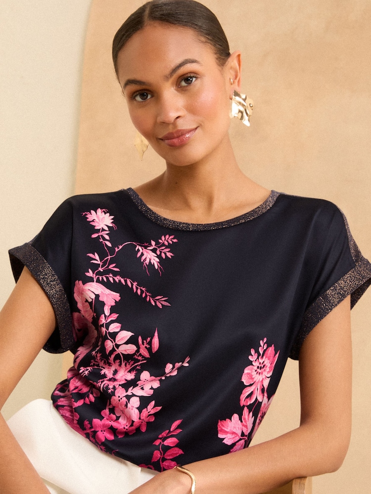 Love & Roses Pink Floral Satin Front Jersey Back T-Shirt - Image 1 of 4