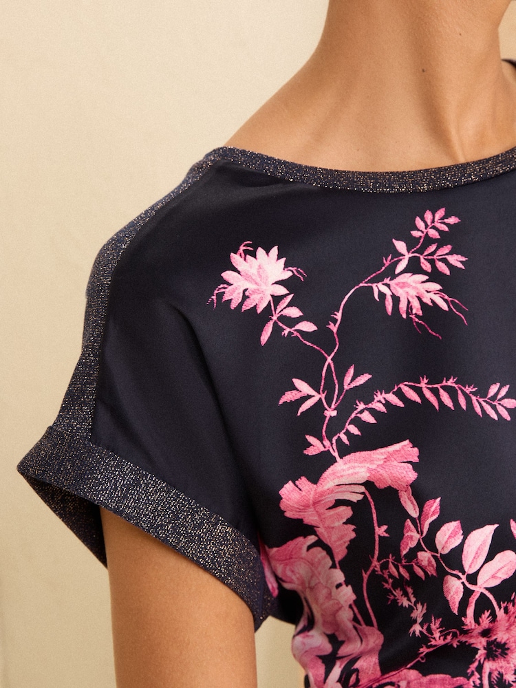 Love & Roses Pink Floral Satin Front Jersey Back T-Shirt - Image 2 of 4