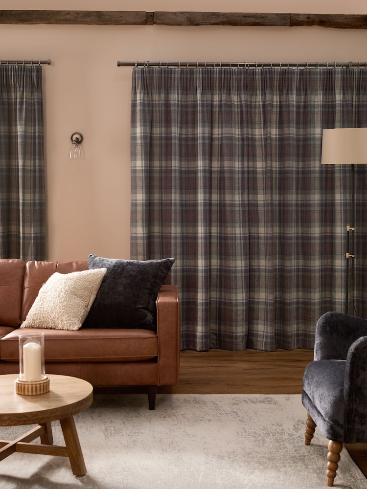 Blue/Grey Alpine Check Lined Pencil Pleat Curtains - Image 2 of 5 Blue/Grey Alpine Check Lined Pencil Pleat Curtains - Image 2 of 5