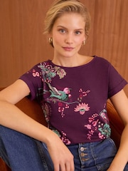 Love & Roses Bird Print / Purple Crew Neck Woven Trim Linen Look Jersey T-Shirt - Image 1 of 4