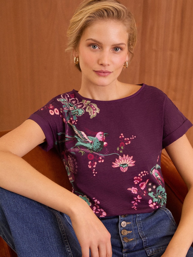 Love & Roses Bird Print / Purple Crew Neck Woven Trim Linen Look Jersey T-Shirt - Image 1 of 4