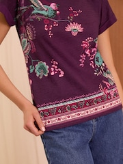 Love & Roses Bird Print / Purple Crew Neck Woven Trim Linen Look Jersey T-Shirt - Image 2 of 4