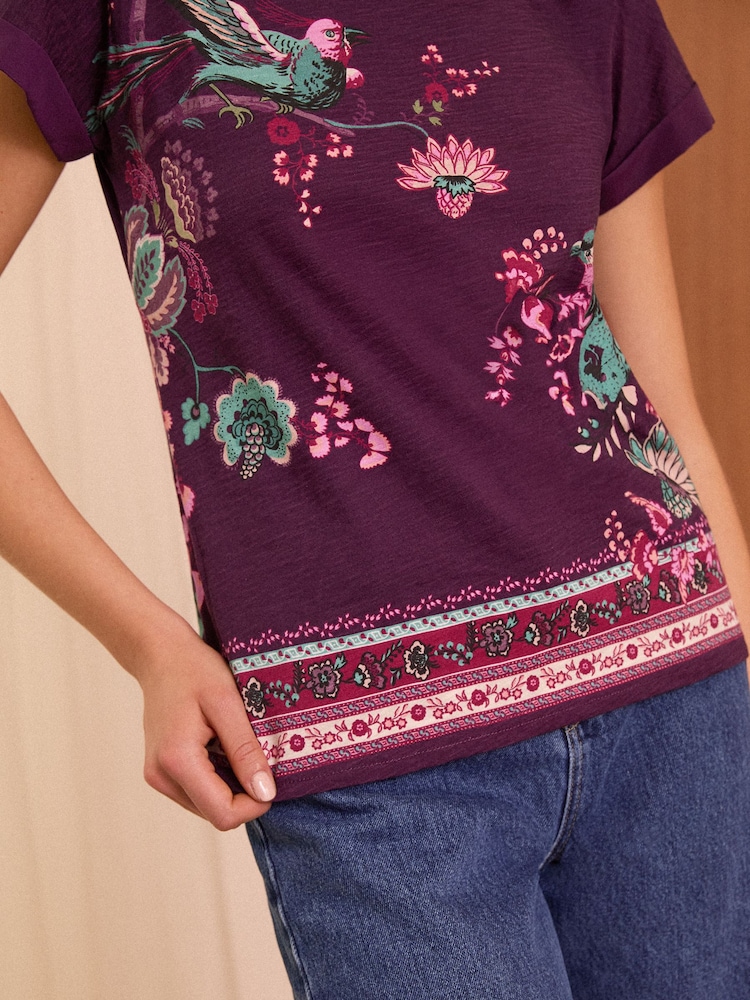 Love & Roses Bird Print / Purple Crew Neck Woven Trim Linen Look Jersey T-Shirt - Image 2 of 4