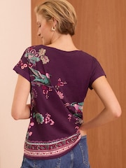 Love & Roses Bird Print / Purple Crew Neck Woven Trim Linen Look Jersey T-Shirt - Image 3 of 4