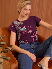 Love & Roses Bird Print / Purple Crew Neck Woven Trim Linen Look Jersey T-Shirt - Image 4 of 4