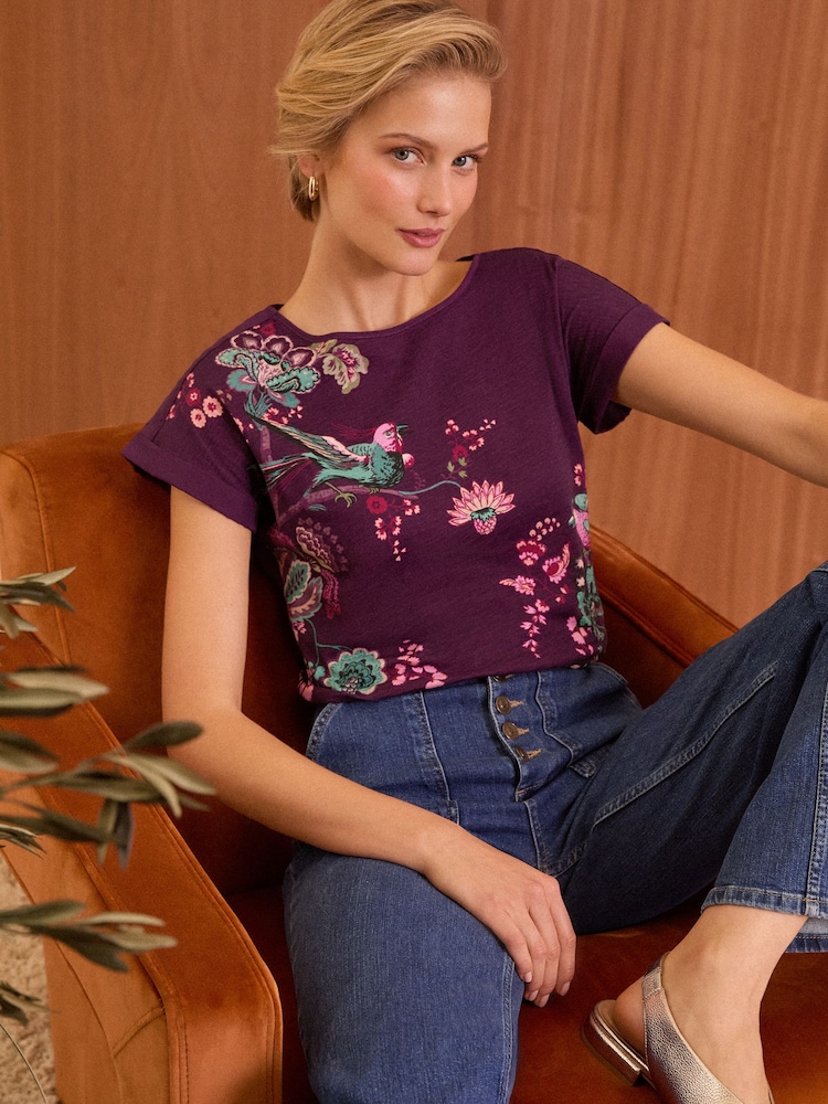 Love & Roses Bird Print / Purple Crew Neck Woven Trim Linen Look Jersey T-Shirt - Image 4 of 4