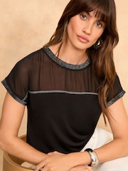 Love & Roses Black Chiffon Yoke Metallic Trim Roll Sleeve T-Shirt - Image 1 of 4