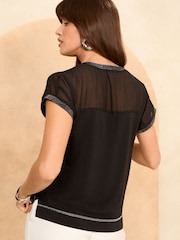 Love & Roses Black Chiffon Yoke Metallic Trim Roll Sleeve T-Shirt - Image 4 of 4
