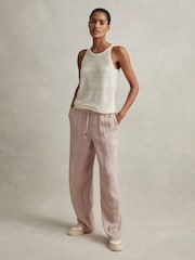 Reiss Dusty Pink Cleo Garment Dyed Wide Leg 100% Linen Trousers - Image 1 of 6