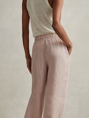 Reiss Dusty Pink Cleo Garment Dyed Wide Leg 100% Linen Trousers - Image 4 of 6
