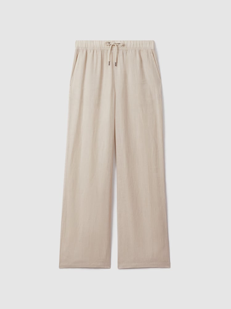 Reiss Oatmeal Cleo Garment Dyed Wide Leg 100% Linen Trousers - Image 2 of 6