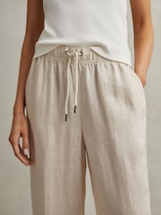 Reiss Oatmeal Cleo Garment Dyed Wide Leg 100% Linen Trousers - Image 3 of 6