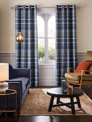 Blue Brushed Check Super Thermal Eyelet Curtains - Image 2 of 6