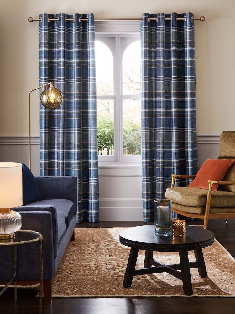 Blue Brushed Check Super Thermal Eyelet Curtains - Image 2 of 6