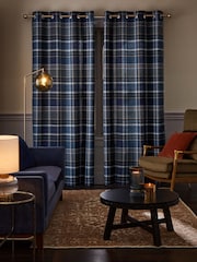 Blue Brushed Check Super Thermal Eyelet Curtains - Image 3 of 6