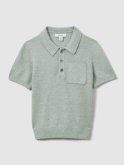 Reiss Sage Melange Demetri 13-14 yrs Textured Cotton Polo Shirt - Image 1 of 4