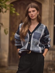 Blue Check Statement Pattern Button Front Knitted Cardigan - Image 1 of 7