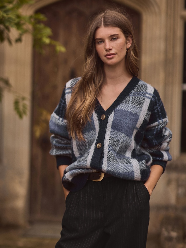 Blue Check Statement Pattern Button Front Knitted Cardigan - Image 1 of 7