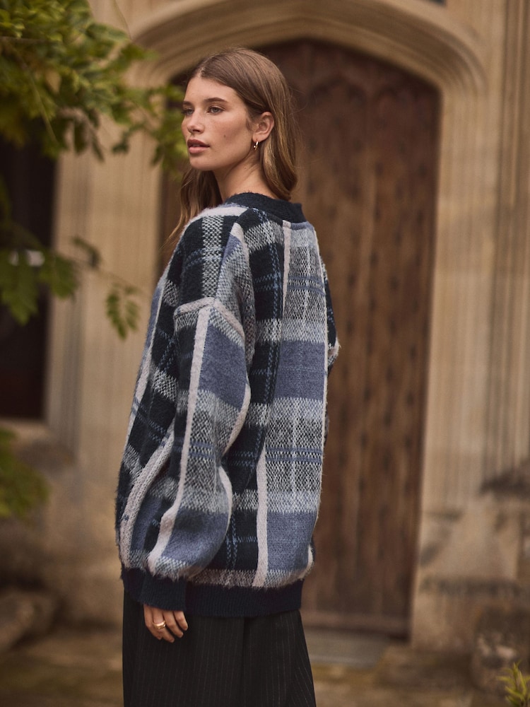 Blue Check Statement Pattern Button Front Knitted Cardigan - Image 2 of 7