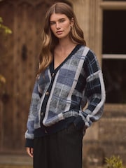Blue Check Statement Pattern Button Front Knitted Cardigan - Image 3 of 7