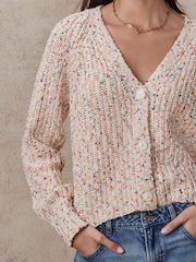 Ecru Cream Multicolour Neppy Button Through V-Neck Chunky Knitted Cardigan - Image 6 of 8