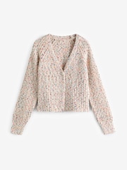 Ecru Cream Multicolour Neppy Button Through V-Neck Chunky Knitted Cardigan - Image 7 of 8