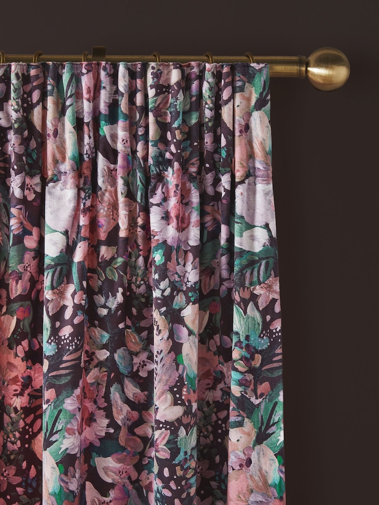 Black/Pink Rustic Romance Floral Velvet Pencil Pleat Lined Curtains - Image 1 of 4