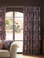 Black/Pink Rustic Romance Floral Velvet Pencil Pleat Lined Curtains - Image 2 of 4