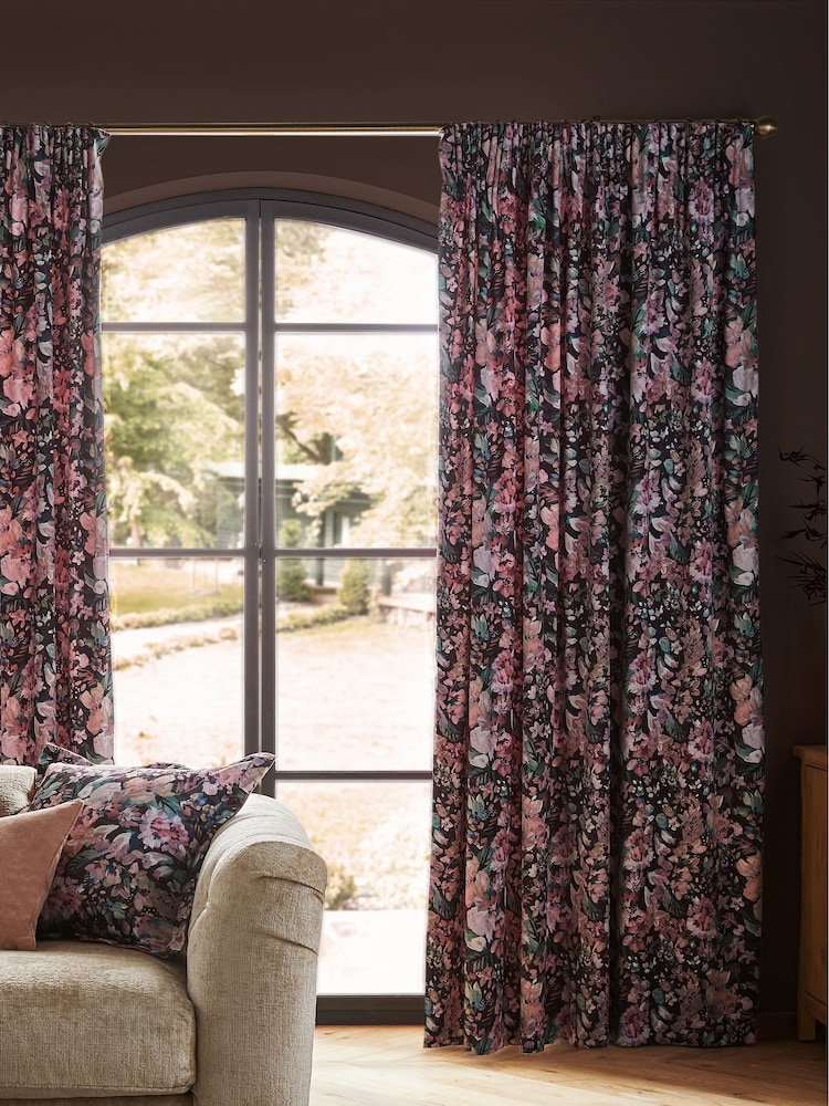 Black/Pink Rustic Romance Floral Velvet Pencil Pleat Lined Curtains - Image 2 of 4