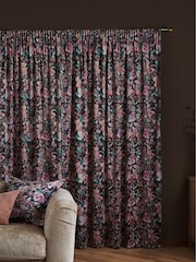 Black/Pink Rustic Romance Floral Velvet Pencil Pleat Lined Curtains - Image 3 of 4
