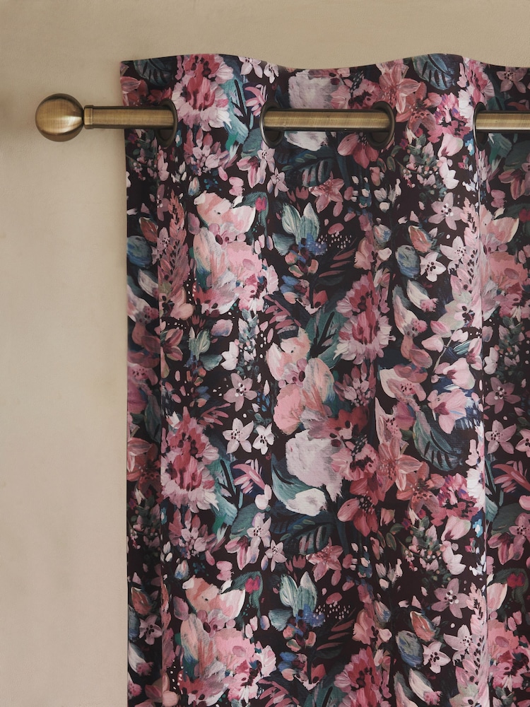 Black/Pink Rustic Romance Floral Velvet Eyelet Lined Curtains - Image 1 of 4