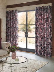 Black/Pink Rustic Romance Floral Velvet Eyelet Lined Curtains - Image 2 of 4