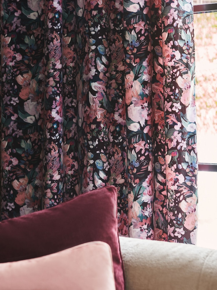 Black/Pink Rustic Romance Floral Velvet Eyelet Lined Curtains - Image 4 of 4