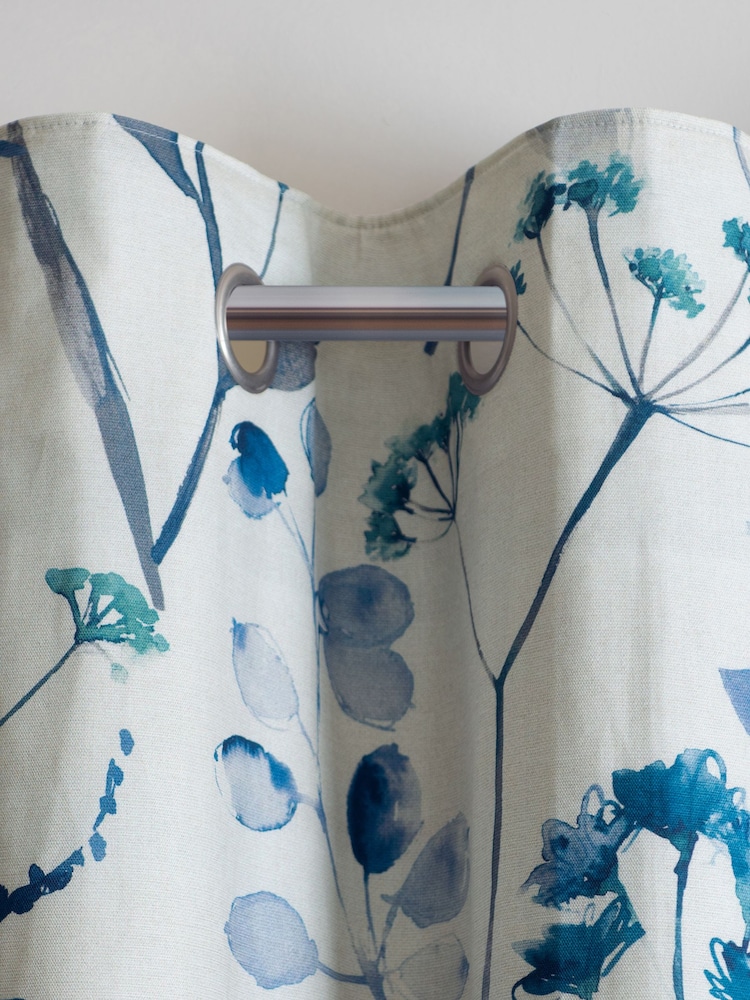 Blue Isla Floral Print Super Thermal 100% Cotton Eyelet Curtains - Image 1 of 8