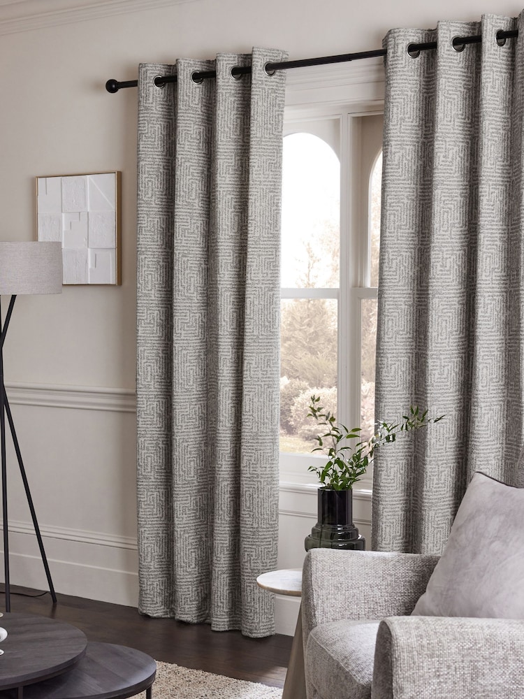 Grey Textured Maze Jacquard Eyelet Lined Curtains - Image 2 of 5