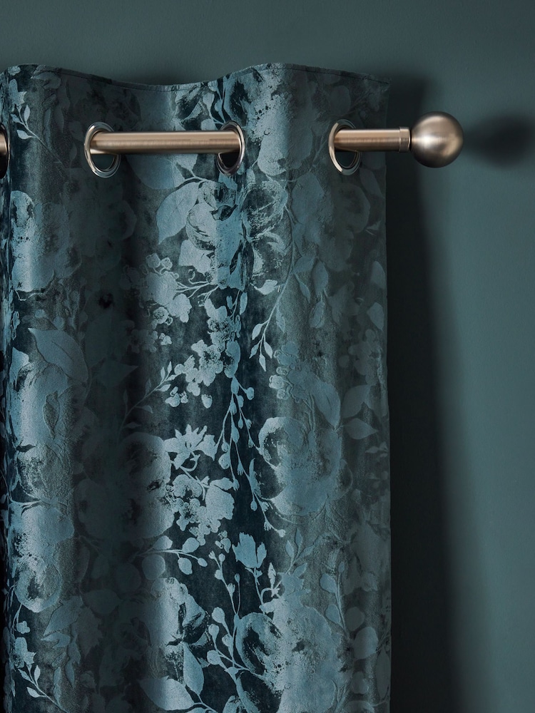 Teal Blue Floral Frosted Velvet Blackout Eyelet Curtains - Image 1 of 7