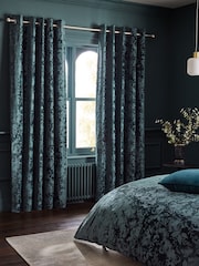 Teal Blue Floral Frosted Velvet Blackout Eyelet Curtains - Image 3 of 7