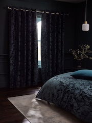 Teal Blue Floral Frosted Velvet Blackout Eyelet Curtains - Image 4 of 7