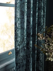 Teal Blue Floral Frosted Velvet Blackout Eyelet Curtains - Image 5 of 7