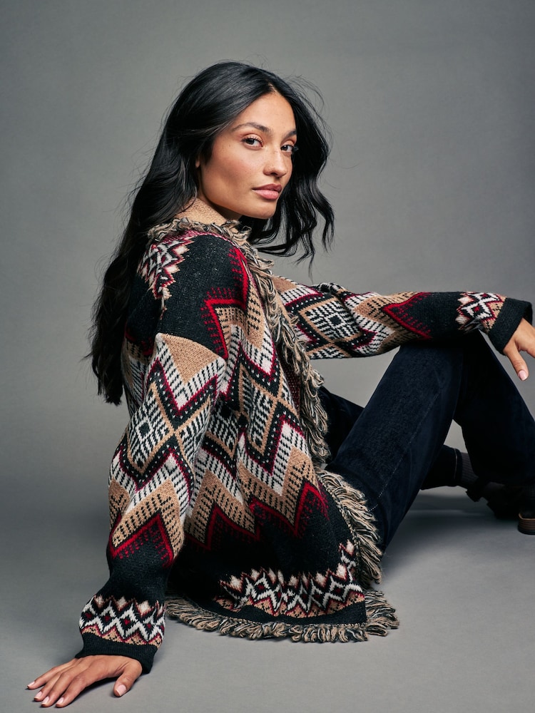 Multi Patterned Soft Touch Fringe Knitted Wrap Cardigan - Image 1 of 8