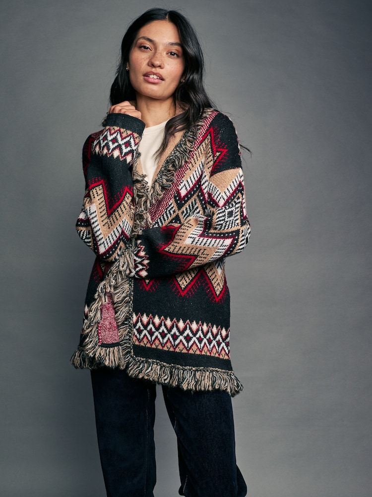Multi Patterned Soft Touch Fringe Knitted Wrap Cardigan - Image 3 of 8