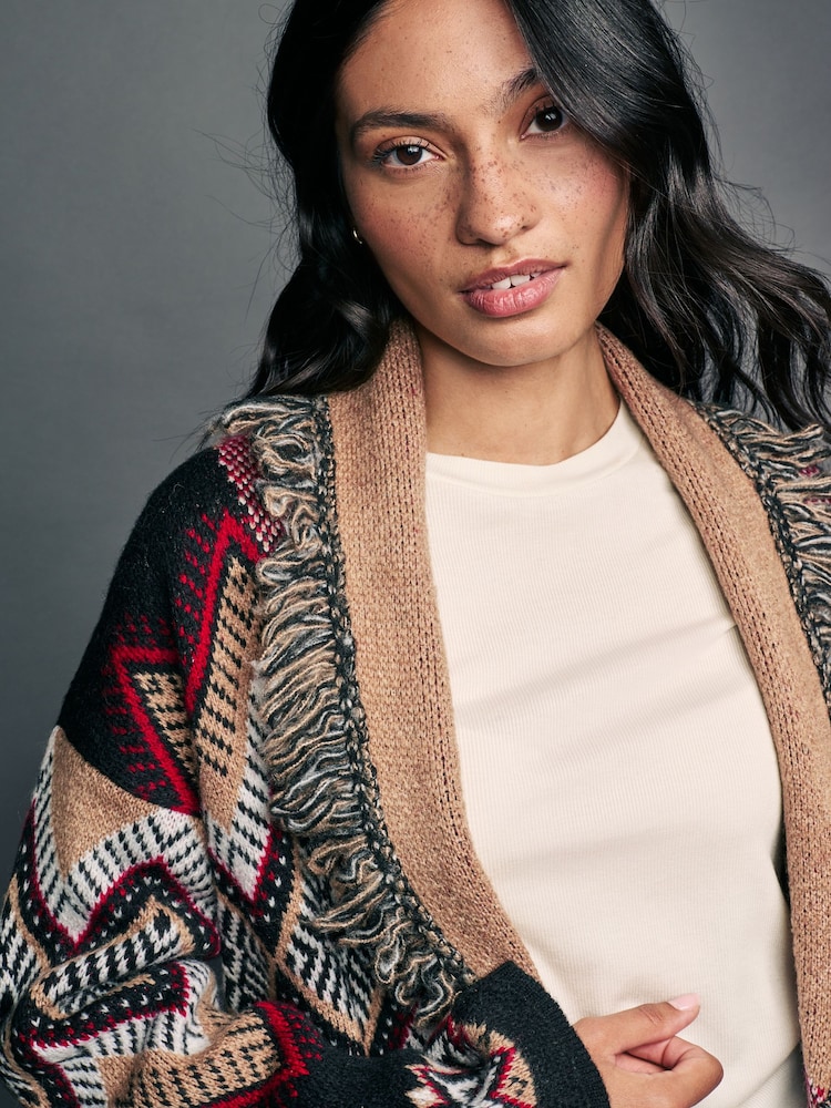 Multi Patterned Soft Touch Fringe Knitted Wrap Cardigan - Image 5 of 8