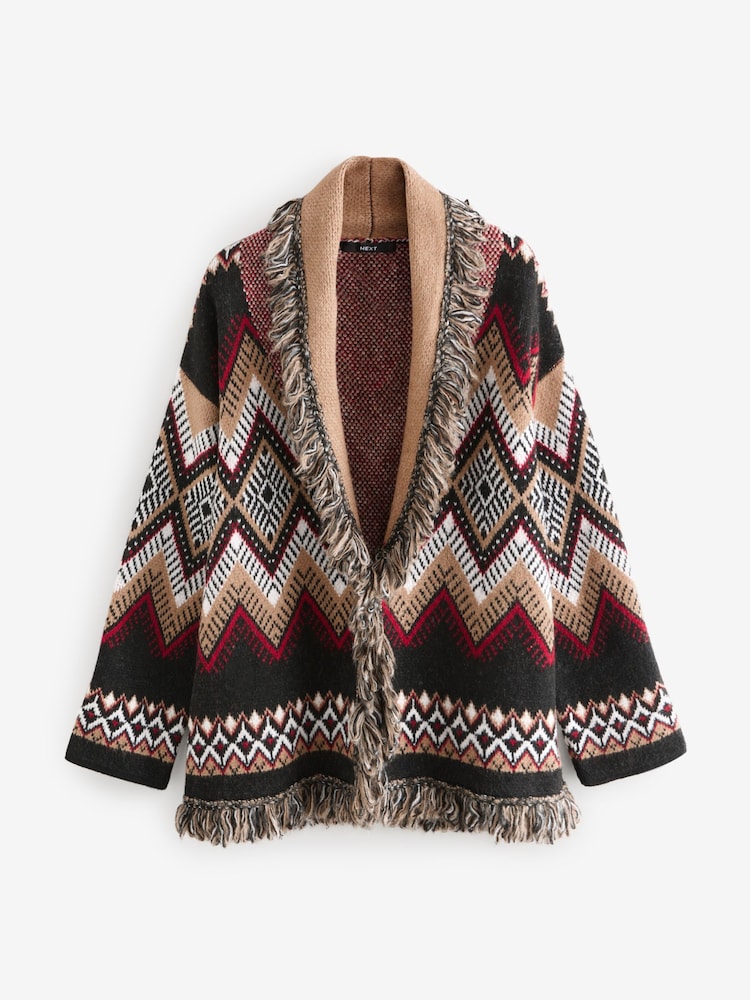 Multi Patterned Soft Touch Fringe Knitted Wrap Cardigan - Image 6 of 8