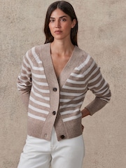 nevtralne barve/bež črtast; progast - 100% Lambswool Soft Touch z gumbi po celotni dolžini pletena jopa - Slika 1 iz 4