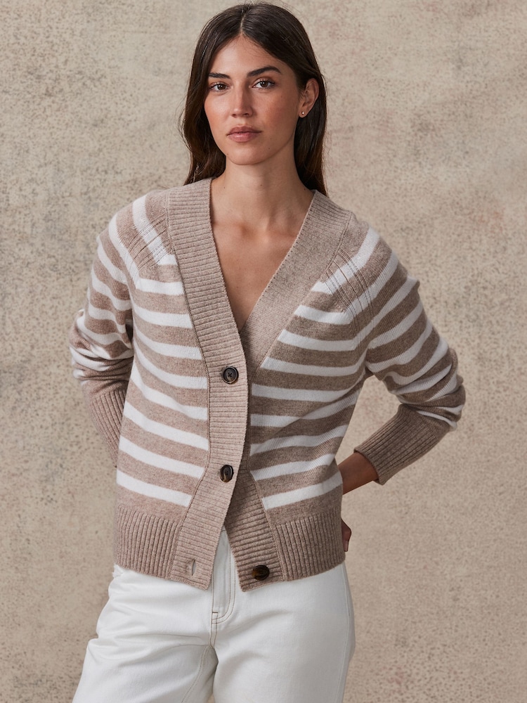 nevtralne barve/bež črtast; progast - 100% Lambswool Soft Touch z gumbi po celotni dolžini pletena jopa - Slika 1 iz 4