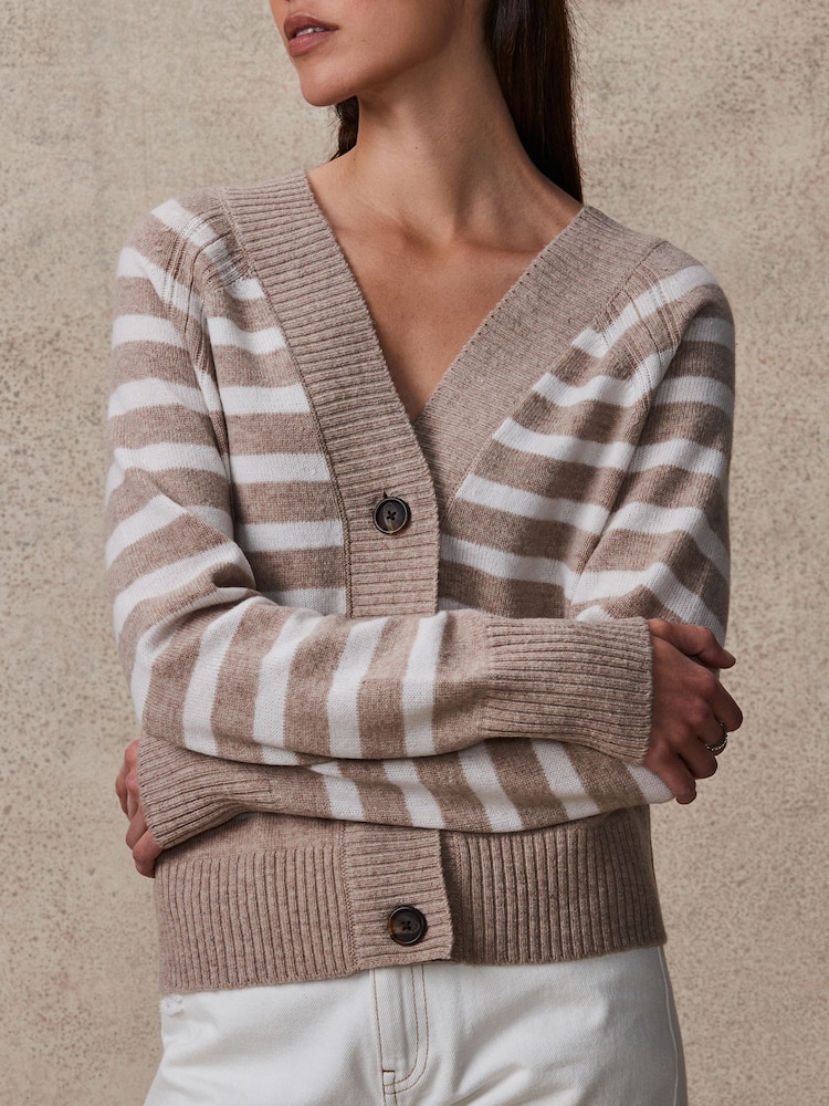 nevtralne barve/bež črtast; progast - 100% Lambswool Soft Touch z gumbi po celotni dolžini pletena jopa - Slika 4 iz 4